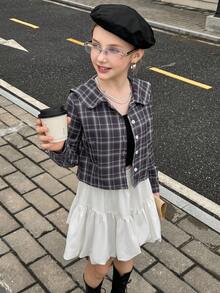 青少年女孩格子长袖单排扣彼得潘领可爱衬衫 - 彩色 - 查看 7