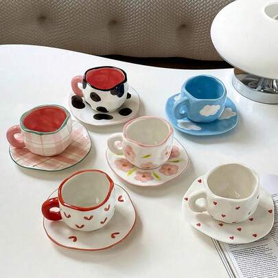 Joivida 1 件 280 毫升原创北欧风格手工陶瓷咖啡杯碟套装，多色格子、心形、云朵、花卉图案，适合下午茶、牛奶、拿铁、甜点盘 - 很棒的礼物