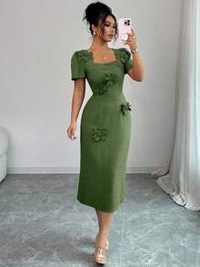 Elenzga Women's Elegant Commuter Solid Color 3D Floral Decor Mid-Length Dress - Army Green - View 5