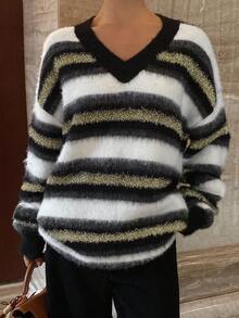 DAZY Contrast Stripe Lurex Fuzzy Loose V-Neck Long Sleeve Casual Street Style Knit Sweater For Women, Autumn/Winter - Black - View 3