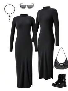 女童优雅修身简约立领长袖开衩下摆连衣裙 - 黑色 - 查看 3