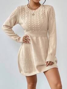 EMERY ROSE 女士休闲纯色腰部收紧圆领长袖毛衣连衣裙 - 杏色 - 查看 3