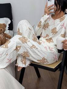 SHEIN 蝴蝶结和小熊印花提花针织长袖睡衣套装，泰迪熊睡衣套装，女士睡衣，可爱睡衣套装，小熊睡衣，秋冬服装，舒适优雅细节