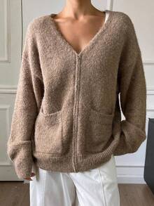 Livesso Cárdigan holgado con cremallera y cuello en V para mujer, otoño - Marrón - Ver 3