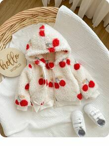 Newborn Baby Girl Cute Versatile Fuzzy Cherry Pattern Hooded Jacket, Autumn/Winter Fall
