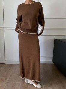 DAZY 2件套女士秋季蕾丝刺绣宽松毛衣和裙子套装 - 棕色 - 查看 4