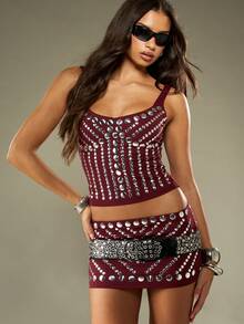 MISSGUIDED Studded Metallic Co-Ord Festival Party Mini Skirt Set Spaghetti Strap Crop Top High Waist Micro Mini Skirt Night Out Club Wear Rhinestone Embellished Christmas - Burgundy - View 1