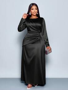 SOLERSUN Váy bó sát bằng vải satin trơn màu trơn thanh lịch dành cho nữ mùa thu đông, thích hợp cho trang phục dự tiệc tối giản, hẹn hò, dự tiệc cưới, dự tiệc tốt nghiệp, váy bóng, váy đen, váy thu, váy đông dành cho nữ, Halloween, Giáng sinh, năm mới, váy dạ hội - màu đen - Xem 1