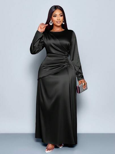 SOLERSUN SOLERSUN Women's Fall And Winter Elegant Solid Color Ruched Side Satin Bodycon Dress,Suitable For Dating Party Maxi Women Outfit,Wedding Guest Dress,Graduation Dress,Shiny Dress,Black Dress,Autumn Dress,Winter Dressfor Women,Halloween,Christmas,New Year,Prom Dress