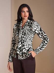 JIAN LASALA 豹纹披肩领系带长袖缎面女式衬衫，秋季优雅穿搭，猎豹纹印花，适合女士外出、派对、冬季婚礼宾客等场合，尽显奢华时尚。 - 彩色 - 查看 6