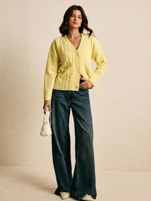 Poéselle 女式休闲麻花落肩长袖针织开衫，秋冬 - 黃色 - 查看 2