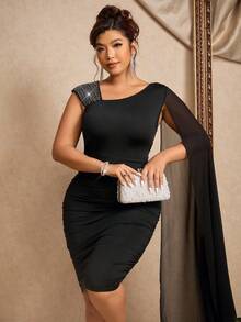 Cravure Christmas Plus Size Soft Knit Sequin Patchwork Asymmetric Sleeve Wrap Dress With Asymmetrical Collar, Elegant For Party, Outing, Gathering, And Dating - Black - View 8