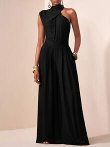 Zivah 2025新款休闲度假日常约会通勤优雅沙滩邮轮派对简约网红爆款高领毛领无袖一字肩宽松连体裤阔腿裤超长裤带口袋军绿色女连体裤 - 黑色 - 查看 8