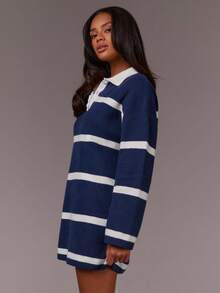 Athîral 女士休闲宽松条纹 Polo 领落肩长袖针织毛衣连衣裙，秋季 - 彩色 - 查看 5