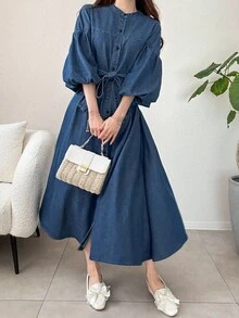 Teen Girls Y2K Elegant Casual Denim Long Dress With Button Design And Lantern Sleeves,Fall Dress, Solid Color Elegant & Simple & Versatile Shorts, Fall Autumn Winter Clothes Outfits,Girls Back To School Streetwear Outfits,Comfortable And Versatile,Suitable For School, Home And Travel