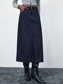 Maija Chân váy denim trơn màu đơn sắc dành cho nữ có túi và đai thắt lưng, đa năng và thời trang - Rửa tối - Xem 6