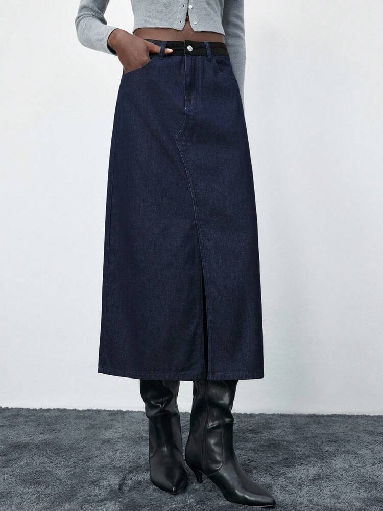 SHEIN Maija Saia Denim Casual Feminina de Cor Sólida com Bolsos e Passantes de Cinto, Versátil e na Moda