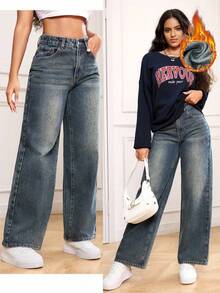 SHEIN PETITE Quần Jeans Nữ Dáng Thẳng Rộng, Lót Nhiệt, Phong Cách Retro - Màu xanh lam - Xem 3