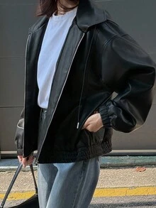 DAZY Women's Versatile Hooded PU Leather Jacket, Casual Loose Elastic Waist Leather Coat Winter