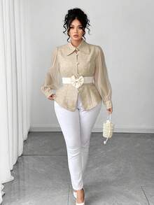 Elenzga Plus Size Women Fashion Elegant Waist Cinched Mesh Patchwork Slim Fit Blouse - Khaki - View 4