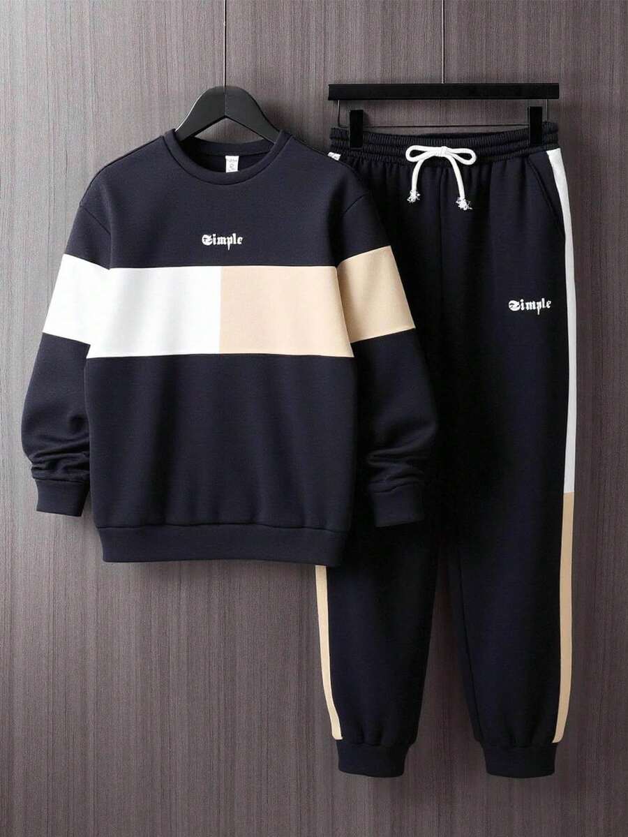 SHEIN 青少年男孩休闲街头时尚撞色拼布标语印花连帽衫和运动裤套装，舒适纯色运动服适合秋冬季通勤、上学、日常休闲、旅行、运动、派对 - 彩色 - 查看 1