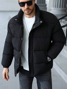 Manfinity CasualCool 男式拉链格子撞色长袖口袋冬季加厚外套，秋季 - 黑色 - 查看 4