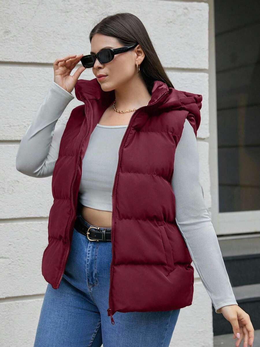 EURMUSE Veste matelassée à capuche zippée de grande taille, style Frenchy - Rouge foncé - Voir 1