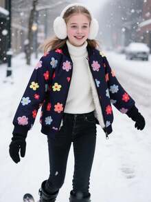 SHEIN 少女甜美清凉保暖外套，时尚印花休闲外套，适合上学、日常穿着和外出游玩 - 藏蓝色 - 查看 4