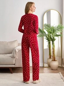 EURMUSE Women 2 Pcs Fuzzy With Striped Heart Pattern Long Sleeve Shirt&Pants Homewear Comfort Set - Red - View 2