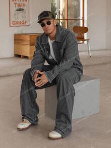 DAZY 男士深灰色纯色牛仔西装，秋季 - 灰色 - 查看 5