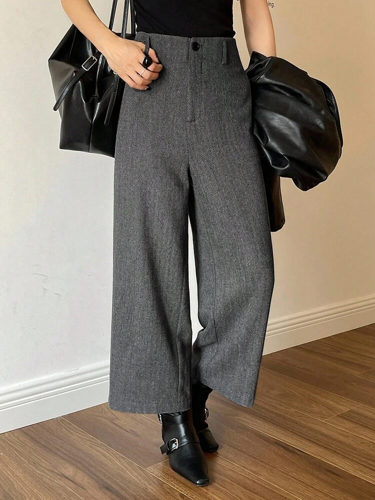 Women's Herringbone Straight Leg Ankle Pants, Casual Trousers For Autumn/Winter