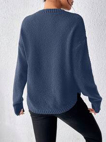 EMERY ROSE All-Match Solid Color Casual Loose Crew Neck Long Sleeve Women Sweaters - Dark Blue - View 2