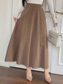 DAZY 女士优雅纯色A字型毛衣半裙，秋冬女装半裙 - 棕色 - 查看 7