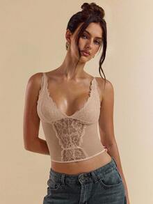 SHEIN BAE 女士黑色性感蕾丝多功能时尚单品束身胸衣背心，适合外出、约会、主题派对、音乐会、新年夜、圣诞派对等场合。 - 卡其色 - 查看 3