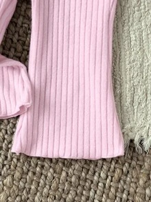 Souflis Souflis Baby Girl Infant Toddler Newborn 0-3 Years Casual Daily Versatile Fashion Outerwear High Collar Drop Shoulder Ribbed Knit Long Sleeve Top + Flared Pants Set, Infant Autumn/Winter Clothing, Khaki Fall - Pink - View 5