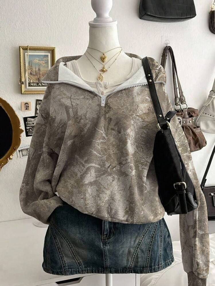 SHEIN Printed Stand Collar Half-Zip Loose Casual Hoodie For Women