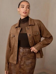 Modelyn 女士时尚实用风格系带绒面革夹克，休闲秋冬棕色系带夹克女士棕色衬衫夹克绒面革夹克女士秋冬 - 棕色 - 查看 7