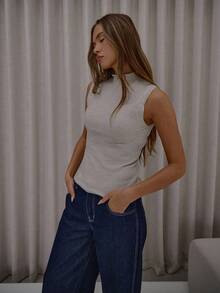 MUSERA Washed Funnel Neck Ribbed Waist Stretch Knit Top Classy Cute Sexy Streetwear Fall Autumn Night Out Evening Party Elegant  New Year - Khaki - View 5