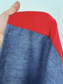 Maweii Váy denim chắp vá không co giãn, màu tương phản, họa tiết denim, dây rút eo, cỡ lớn dành cho nữ, mùa thu/đông - Nhiều màu - Xem 6