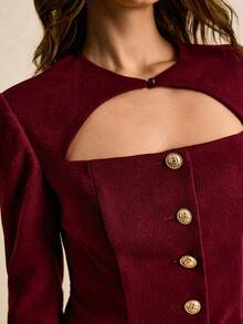 Poéselle 女士红色镂空羊毛大衣，配金属纽扣，适合派对、圣诞节、新年、感恩节等场合，秋冬季保暖舒适，日常穿着、外出、通勤皆宜。 - 酒紅色 - 查看 3