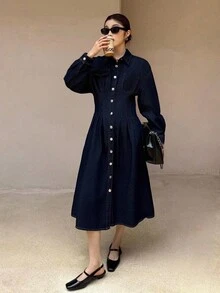 K-Vae 女装秋冬深色牛仔黑腰牛仔长裙，老款牛仔连衣裙，韩版，万圣节服装，别致秋季 - 深色水洗藍 - 查看 3