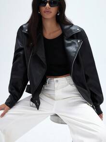 GENKIRA Oversized Motorcycle Jacket, Washed PU Leather, Loose Fit, Wide Lapel, European & American Style - Black - View 2