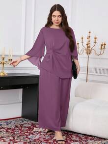 Reflora 大码女式休闲纯色上衣和宽松长裤两件套 - 淺灰紫 - 查看 6