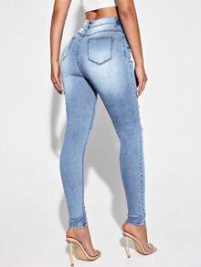 SHEIN PETITE Women's High Waist Pocket Distressed Slim Fit Casual Jeans, Blue