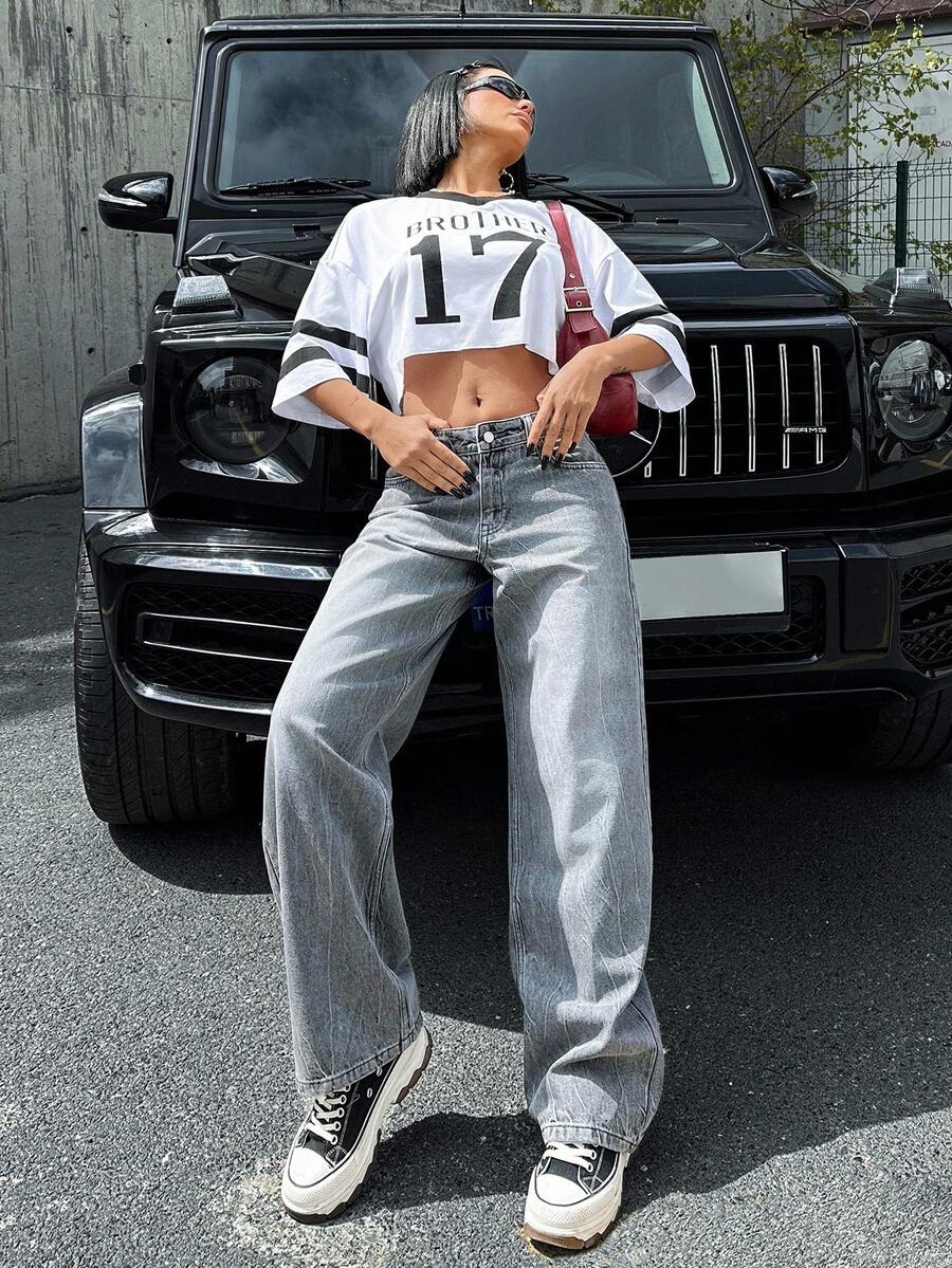 SHEIN Tall Calça jeans feminina cintura baixa perna larga vintage Y2K alta