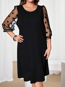 Miaspire 大码情人节纯色蕾丝拼接圆领简约休闲短款连衣裙，爱心图案，春夏款 - 黑色 - 查看 3