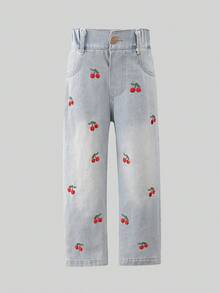 Young Girl Fashion Washed Cherry Embroidery Jeans Fall Winter