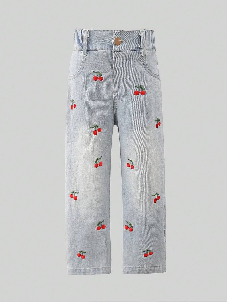 Young Girl Fashion Washed Cherry Embroidery Jeans Fall Winter