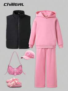 SHEIN Explorewe Tween Girls Pink Winter Casual School 3-Piece Outfit Set,Loose Thermal Lined Hoodie,Wide Leg Sweatpants&Padded Vest,Solid Color Versatile Fall Clothes - Multicolor - View 6