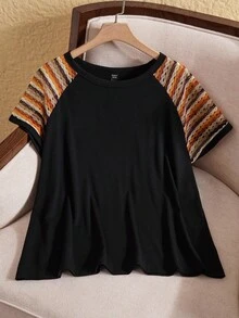 EMERY ROSE Plus Size Women Patchwork Striped Raglan Sleeve T-Shirt  Summer Outfits  Spring Outfits For Women  Vacation Outfits Woman - Multicolor - View 1